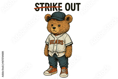 Cute bear dressed in baseball uniform with cap showing playful twist on strike out phrase