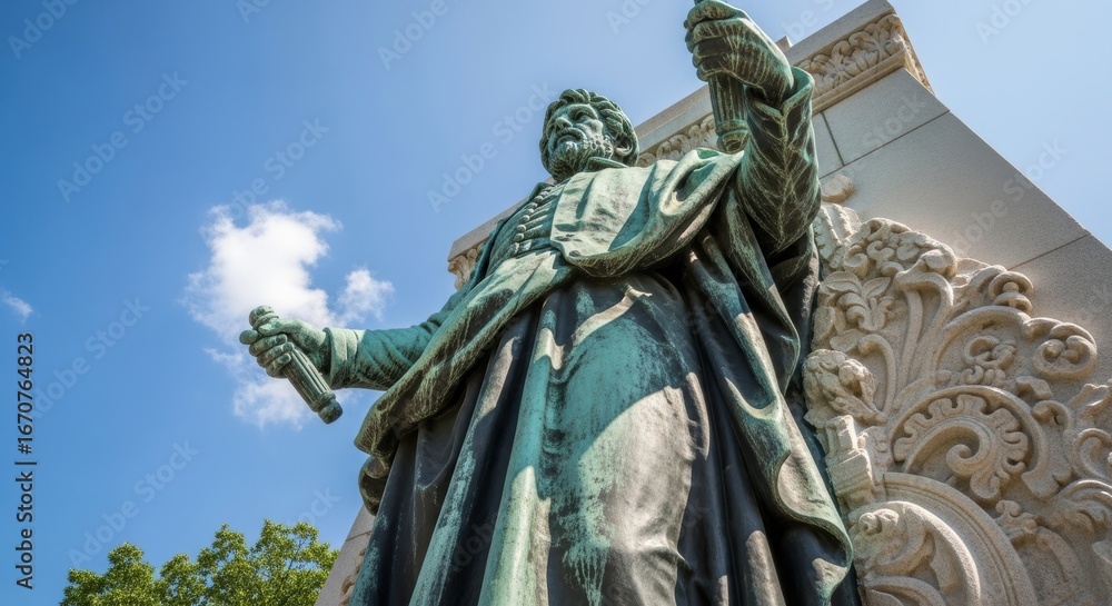 Fototapeta premium Majestic bronze statue of historical figure against blue sky