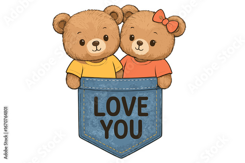 Cute teddy bears in colorful shirts peeking from a blue pocket with a heartfelt message