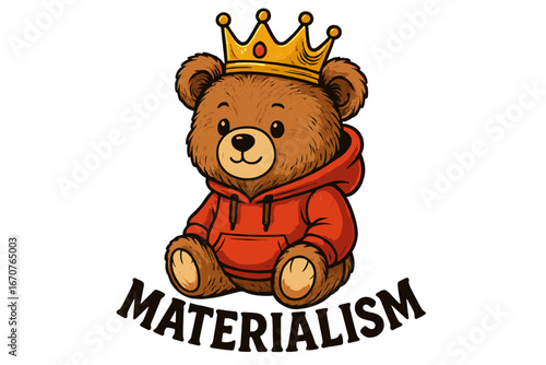 Cute bear wearing a crown and hoodie promotes a playful take on materialism in a whimsical illustration