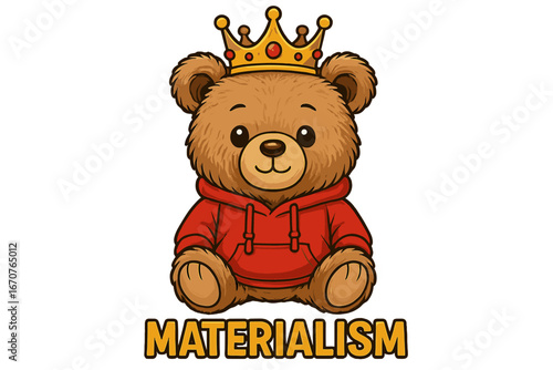 Cute bear character wearing a crown and hoodie embodies the theme of materialism in a playful and engaging way