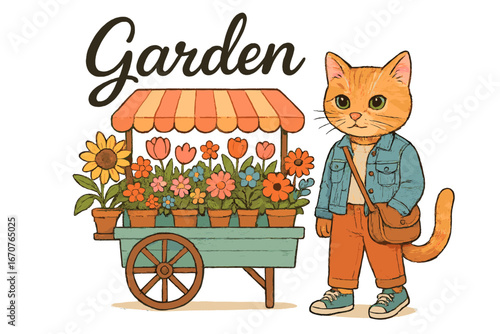Cute cat in denim jacket stands next to flower cart filled with vibrant blooms in a sunny garden setting
