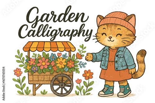 Cute cartoon cat promoting garden calligraphy while standing by a flower cart with colorful blooms on a sunny day