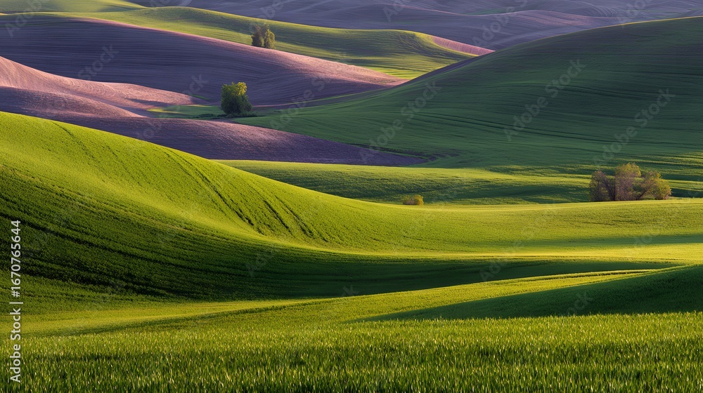 Fototapeta premium Rolling hills of vibrant green fields meet soft purples in a breathtaking landscape, bathed in the golden light of sunrise or sunset.