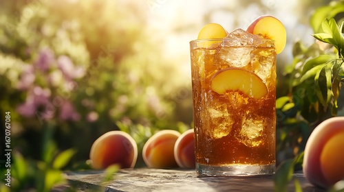 Refreshing peach iced tea summer drink recipe with fresh peaches in garden setting for healthy lifestyle