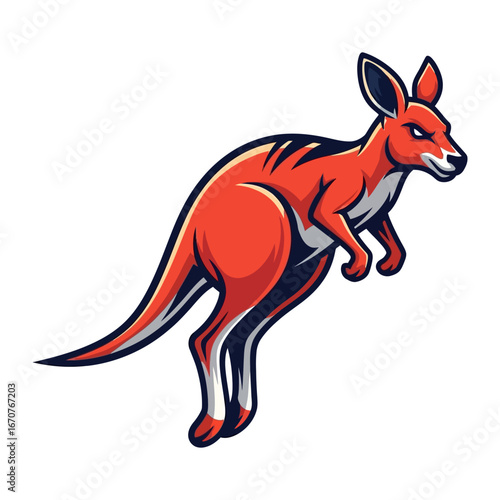 Kangaroo Illustration: A dynamic illustration depicts a vibrant, red kangaroo in mid-leap, showcasing its power and agility.