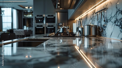Modern kitchen design with marble countertop and stainless steel appliances for luxury interiors