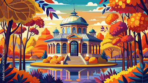 Colorful morning view of Kiralydombi Pavilon in Kastelypark, Royal Palace of Godollo park. Colorful autumn scene Hungary botanical garden, Europe. Beauty of nature concept 