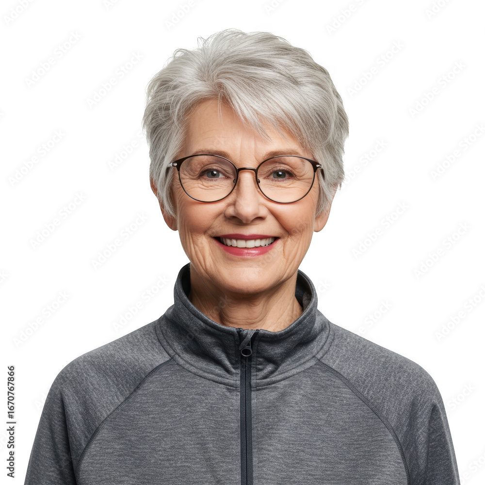 Fototapeta premium Smiling senior woman with short gray hair and glasses wearing a gray athletic jacket isolated on transparent background