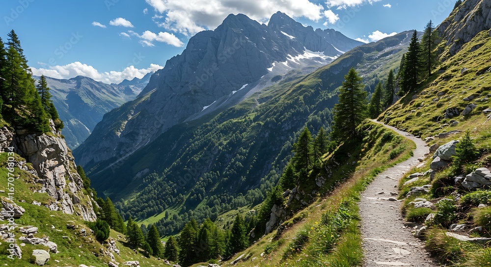 Fototapeta premium Winding alpine trail with picturesque mountain vistas, evergreen forests and bright sky offering