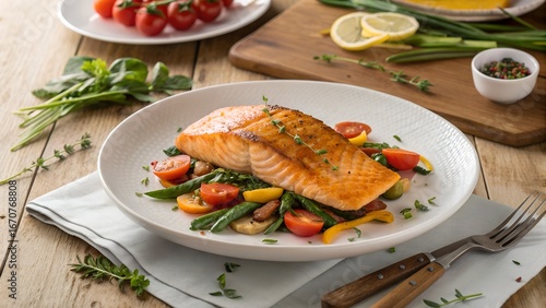 Delicious pan seared salmon with fresh vegetables