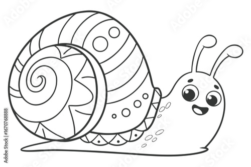 black and white line drawing of a cartoon snail. The snail has a large, swirly shell decorated with various patterns and shapes