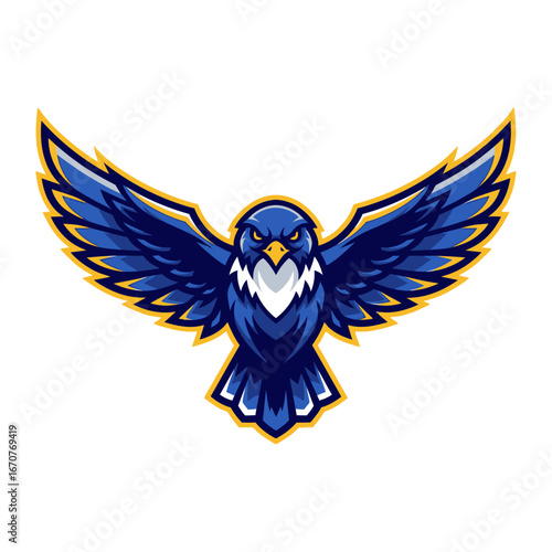 Soaring Eagle Emblem: A fierce eagle, wings spread wide, embodies power and freedom in a dynamic graphic, designed with sharp lines and striking detail, representing the essence of flight and agility.