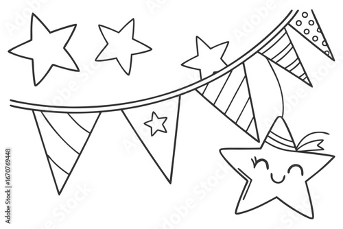  black and white line drawing featuring a string of triangular bunting flags and several stars.