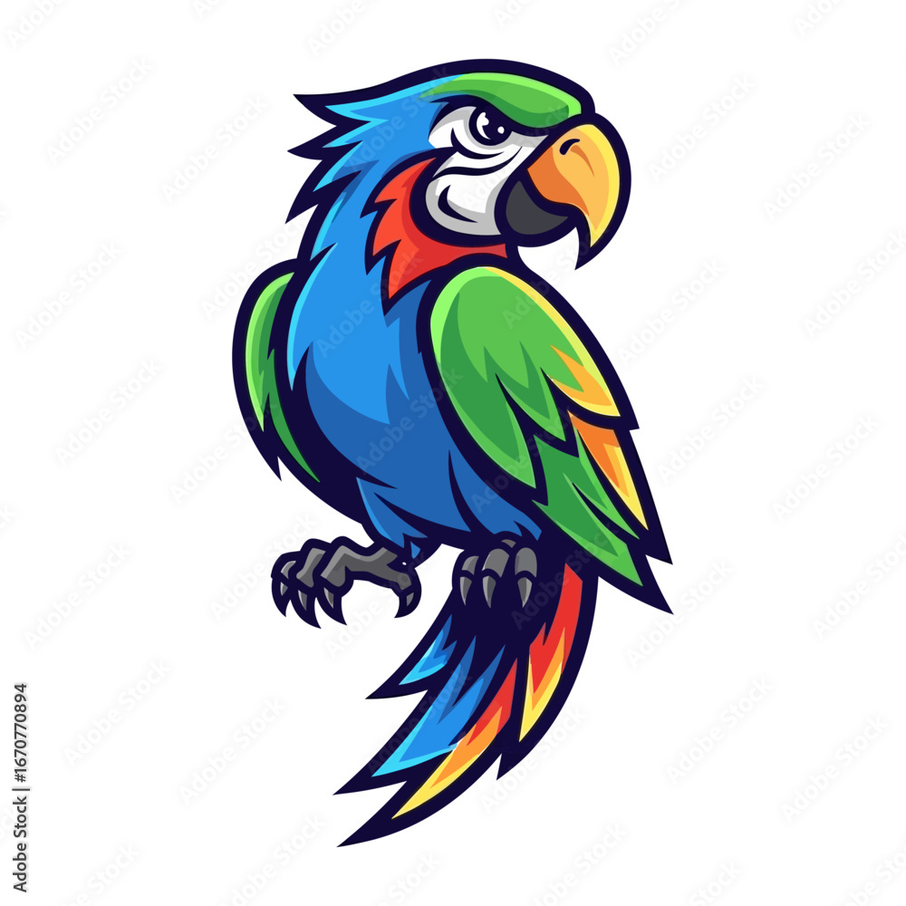 Fototapeta premium Vibrant Parrot Portrait: A stunning, stylized illustration of a vibrantly colored parrot, perching with confidence and charm, showcasing the bird's striking plumage and captivating features.