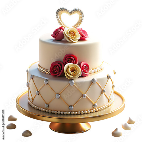 Elegant two tier wedding cake with rose decorations and heart topper isolated on white background