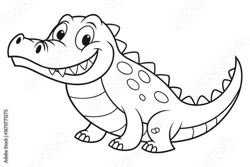  black and white cartoon illustration of a smiling alligator. It has large, expressive eyes, a wide grin revealing sharp teeth