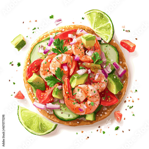 Shrimp Ceviche Tostada with Avocado and Lime