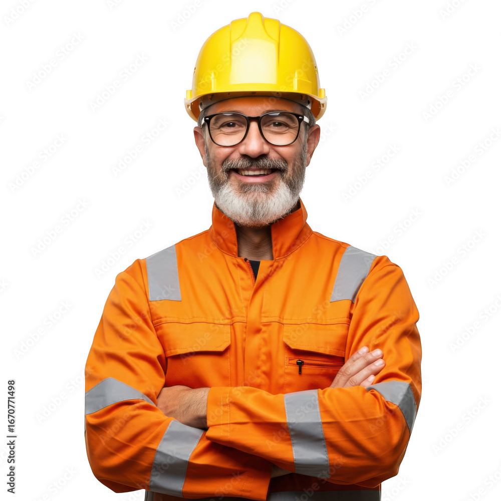 Experienced bearded man wearing yellow hard hat and orange high visibility workwear smiling with arms crossed isolated on transparent background Experienced bearded man wearing yellow hard hat and orange high visibility workwear smiling with arms crossed isolated on transparent background