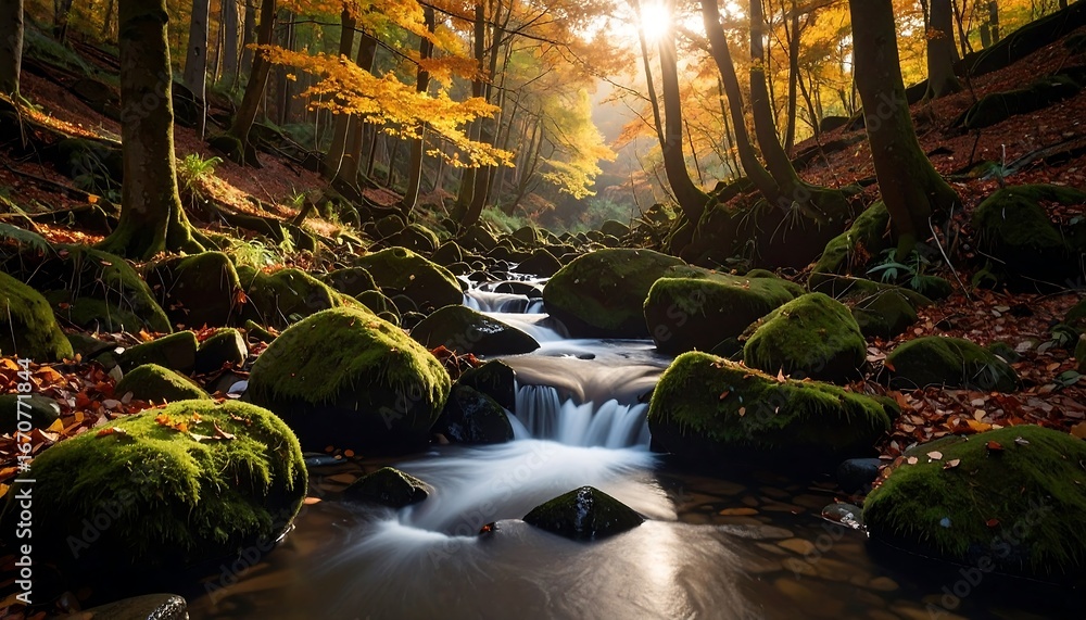 Fototapeta premium Autumn stream with forest sunlight.