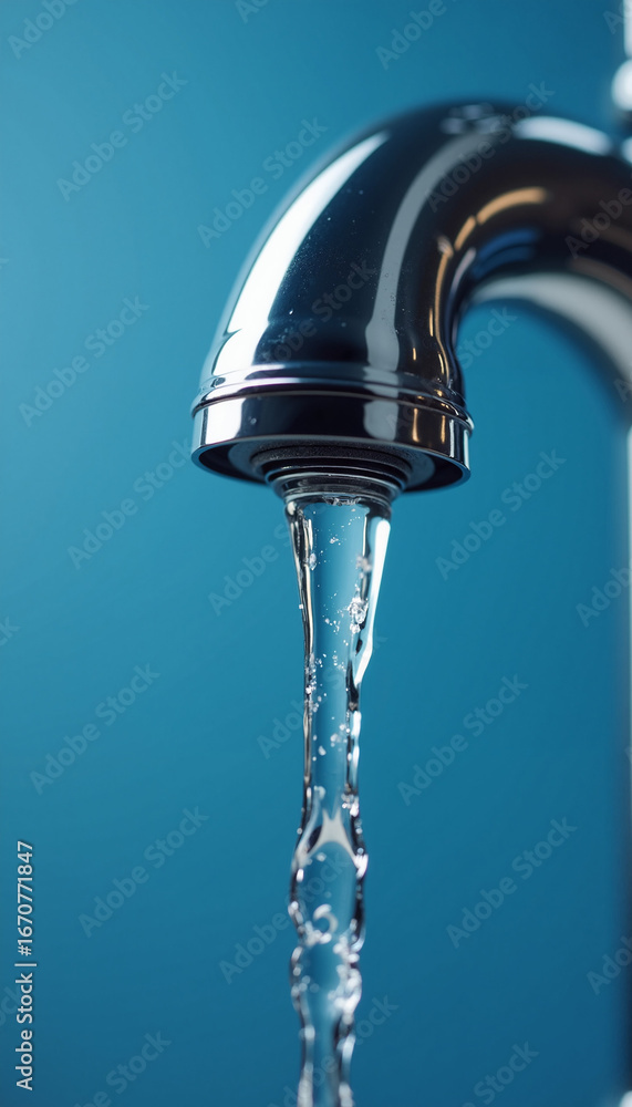 Clear water flowing from tap on blue background, refreshing liquid gushing. Water symbolizes purity, cleanliness, and flow, vital for health and hygiene. Clear water flowing from tap on blue background, refreshing liquid gushing. Water symbolizes purity, cleanliness, and flow, vital for health and hygiene.