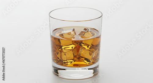 Classic whisky tumbler glass filled with golden whisky and ice cubes, front view, white background, realistic mockup