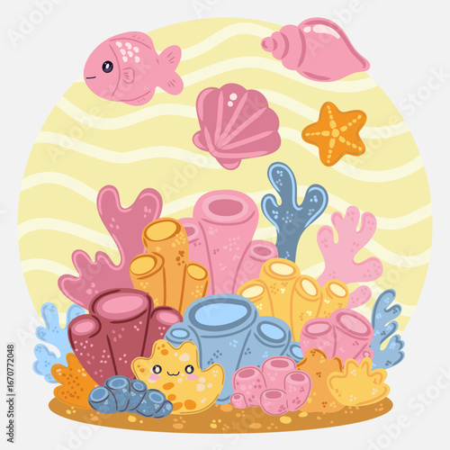 Cute kawaii  in cartoon style. Funny sea character for children's designs, posters, stickers and printed products