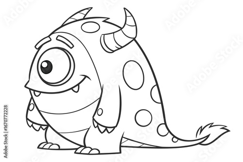 black and white cartoon depicts a friendly, one-eyed monster with a round body, small horns, and a spotted pattern.