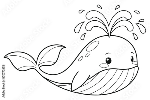  black and white line drawing of a cartoon whale. The whale is depicted mid-spout, with water droplets arcing from its blowhole. It has a friendly expression,