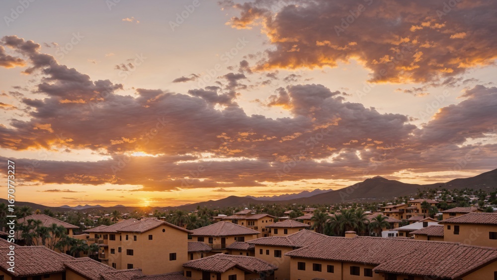 Obraz premium Sunset Over Mountain Village with Colorful Sky