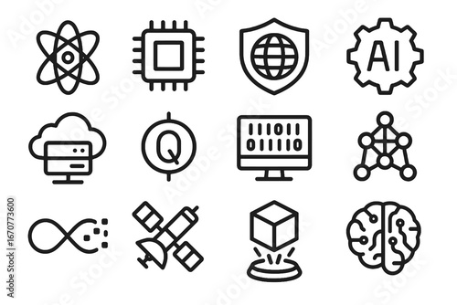 Collection of 12 black quantum computing and cyberspace icons in flat vector style with white background, ideal for tech platforms, apps, and research projects.