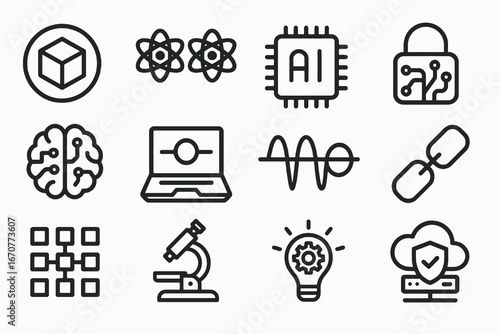 Collection of 12 black quantum and artificial intelligence icons in flat vector style with white background, ideal for tech branding, research, and computing apps.