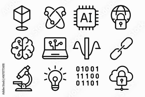 Set of 12 black quantum computing and cyberspace icons in flat vector style with white background, perfect for AI platforms, IT research, and futuristic apps.