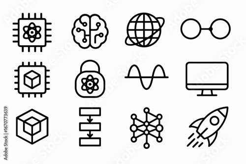 Set of 12 black quantum computing and AI icons in flat vector style with white background, perfect for tech apps, research, and futuristic platforms.
