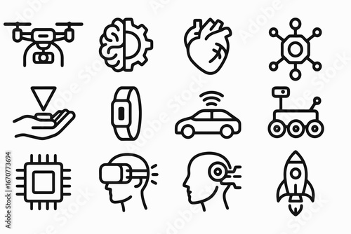 Collection of 12 black artificial intelligence and bionics icons in flat vector style with white background, ideal for science projects, apps, and technology branding.