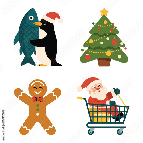 Christmas Icons Penguin Fish Tree Gingerbread Man Santa holiday winter icon set illustration design graphic christmas tree santa claus shopping cart