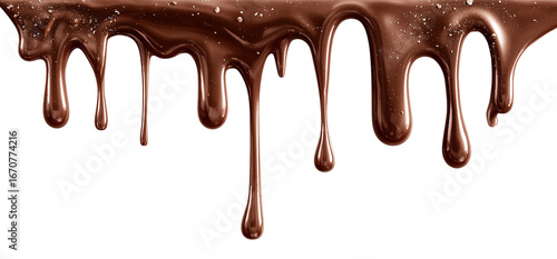 A chocolate drizzle is falling down a white background