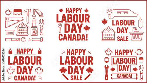 Happy Labour Day Canada vector illustration with tools, maple leaf icons, and sale design. Holiday celebration template for banners and promotions.