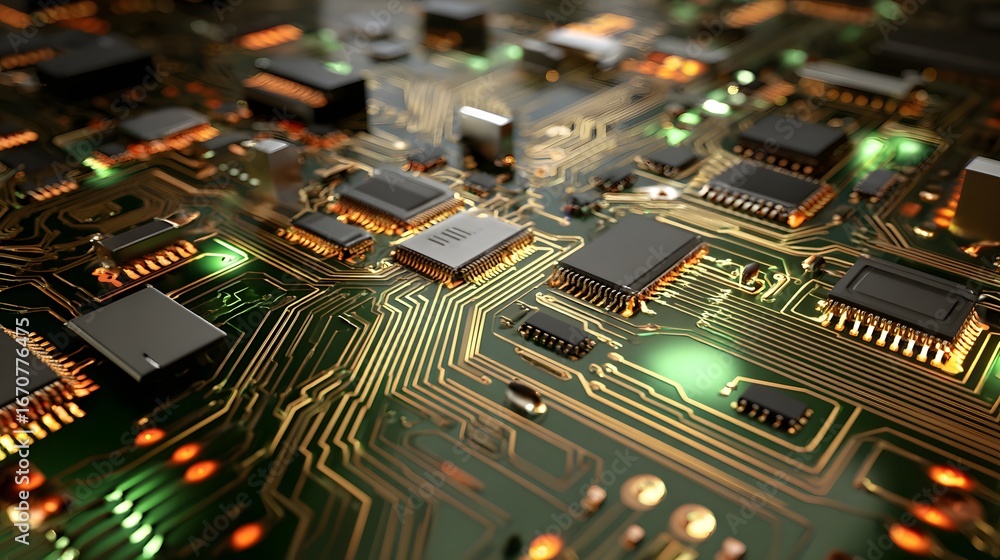Fototapeta premium A close-up view of a complex circuit board, highlighting intricate connections and electronic components. The image showcases a detailed surface texture and bright, glowing components.