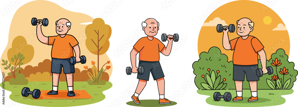Fototapeta premium Active elderly man exercising outdoors with dumbbells in autumn 