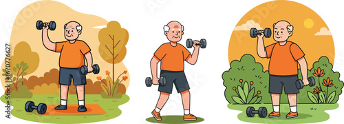 Active elderly man exercising outdoors with dumbbells in autumn  