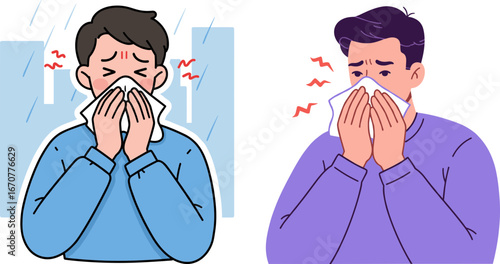Two men feeling unwell and sneezing indoors with tissues in hand  