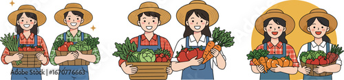 Farmers holding baskets of fresh vegetables with smiles outdoors  