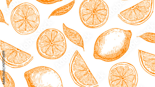 Style orange pattern on white background, food wallpaper. Vintage drawing cut lemon sketch pattern. 