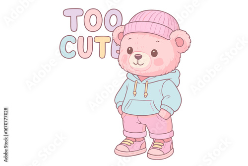 Cute bear character dressed in colorful clothing standing with a playful expression in an animated style