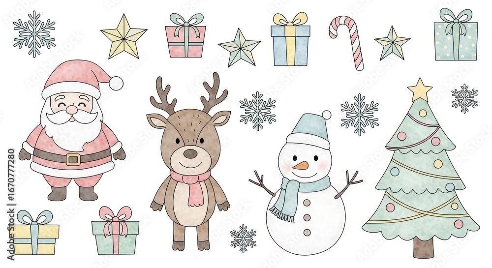 Naklejka premium Festive Christmas illustrations of Santa Claus, reindeer, snowman, Christmas tree, gifts, stars, and snowflakes in pastel colors.