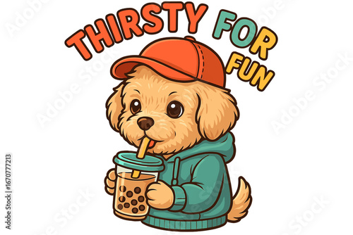 Cute dog wearing a cap enjoys bubble tea while exuding a playful vibe at a sunny outdoor setting
