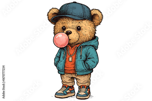 Stylish bear character with bubble gum in casual clothing stands confidently in a playful pose