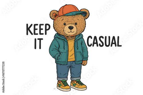Cute bear character dressed in casual clothing promotes a laid-back lifestyle in bright colors and fun design