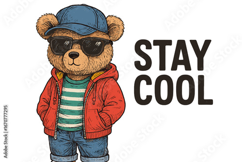 Cool bear character wearing sunglasses and a hoodie in a casual pose with a motivational phrase beside it